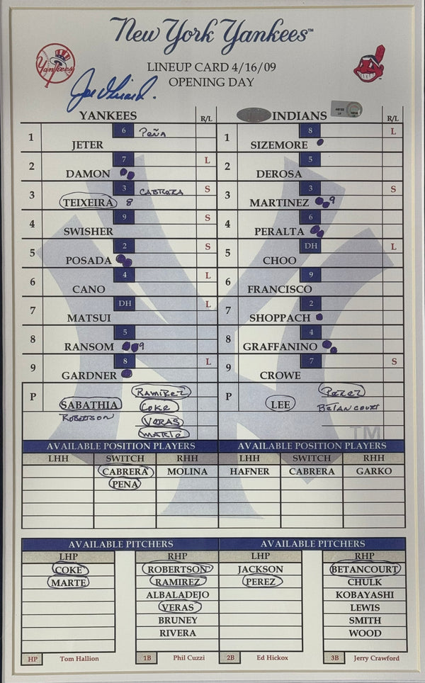 Joe Girardi Signed 2009 Yankees Opening Day Replica Line Up Card Framed (MLB/Steiner)