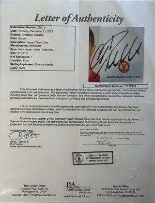 Cristiano Ronaldo Autographed Manchester United Team Card Framed (JSA)