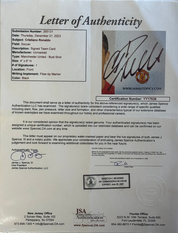 Cristiano Ronaldo Autographed Manchester United Team Card Framed (JSA)