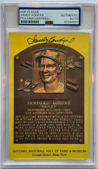 Sandy Koufax Autographed Hall of Fame Plaque Postcard (PSA)