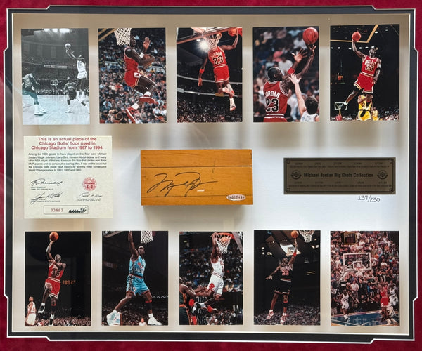 Michael Jordan Big Shots Retirement Photo With Signed Floor Piece #137/230 (UDA)