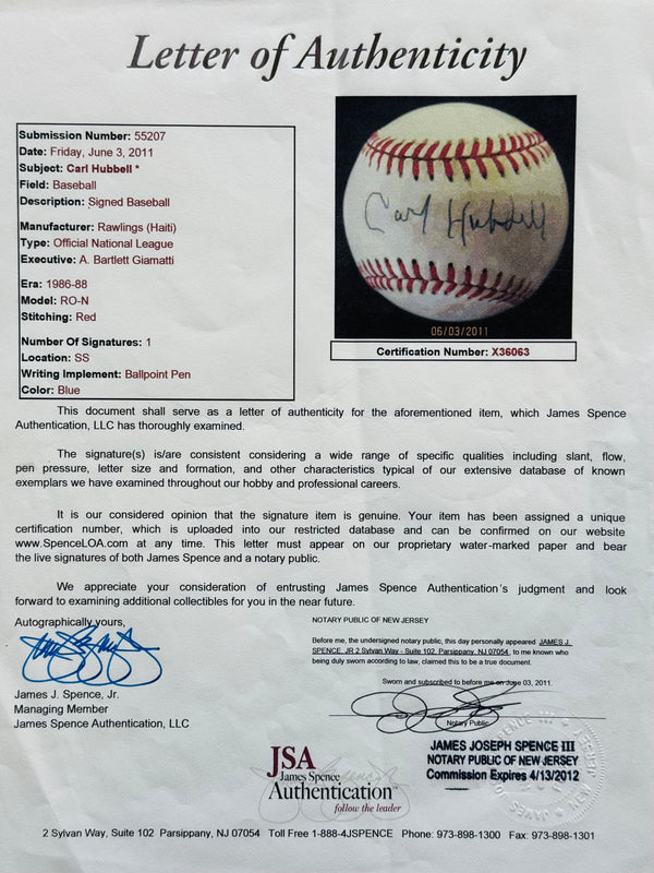 Carl Hubbell Autographed National League Baseball (JSA)