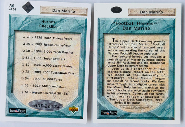 Dan Marino 1992 Upper Deck Football Heroes Autographed Card 144 /2800