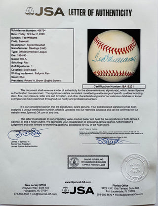 Ted Williams Autographed Official American League Baseball (JSA)