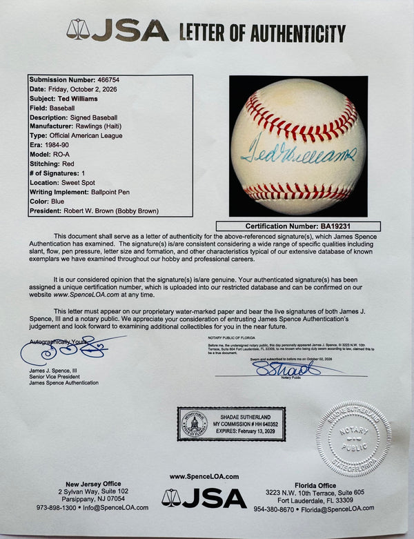 Ted Williams Autographed Official American League Baseball (JSA)