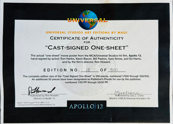 Apollo 13 Cast Signed One Sheet Movie Poster #18/500 Tom Hanks (Universal)