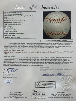 1969 World Series Champion New York Mets Signed Official National League Baseball (JSA)