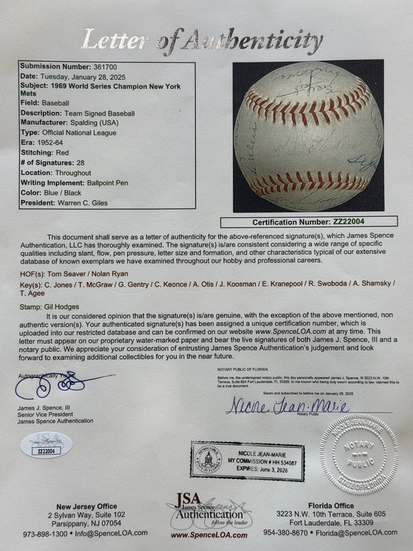 1969 World Series Champion New York Mets Signed Official National League Baseball (JSA)