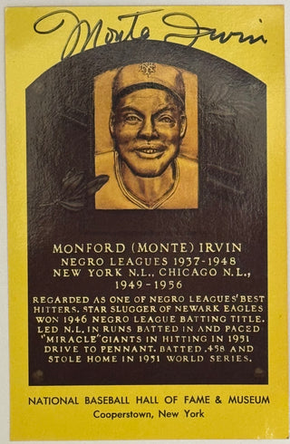 Monte Irvin Autographed Hall of Fame Plaque Postcard