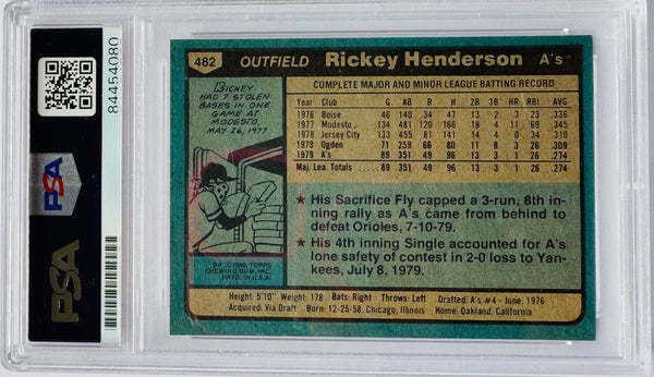 Rickey Henderson Autographed 1980 Topps Rookie Card #482 (PSA)