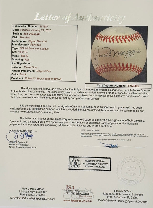 Joe DiMaggio Autographed American League Bobby Brown Baseball (JSA)