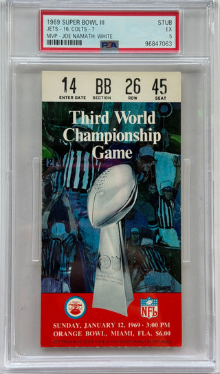 1969 Super Bowl III New York Jets Vs. Baltimore Colts White Ticket (PSA 5) POP6