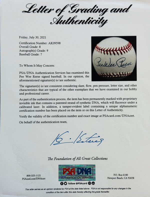 Pee Wee Reese Autographed Official National League Baseball (PSA Autograph 9)
