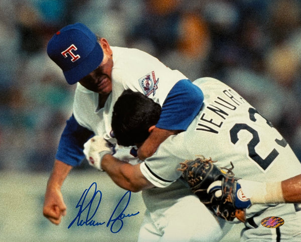 Nolan Ryan Autographed Fight vs Ventura  Rangers 8x10 Baseball Photo (Nolan Ryan Holo)