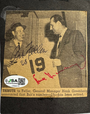Hank Greenberg & Bob Feller Autographed Newpaper Clipping (JSA)