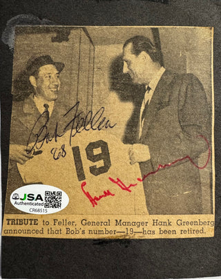 Hank Greenberg & Bob Feller Autographed Newpaper Clipping (JSA)