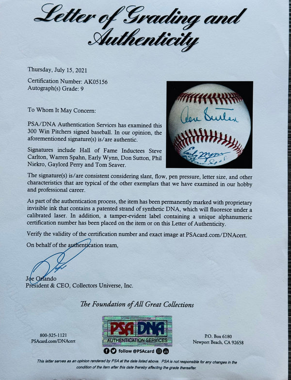 300 Win Club Autographed Official American League Baseball (PSA Auto Grade 9)