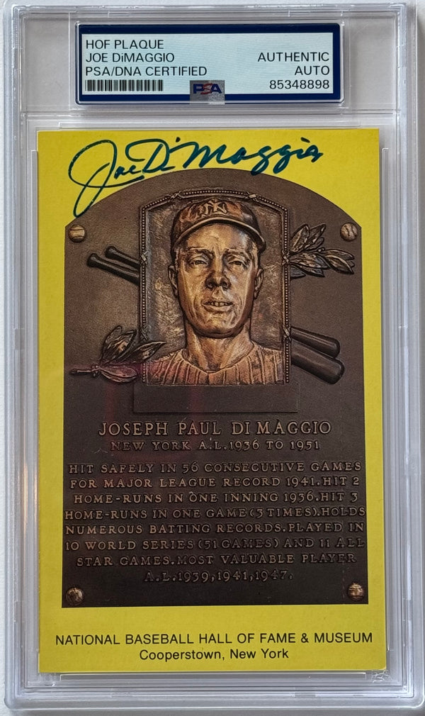 Joe DiMaggio Autographed Hall of Fame Plaque Postcard (PSA)