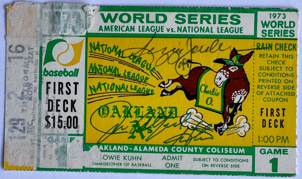 Reggie Jackson Catfish Hunter Signed 1973 World Series Ticket Stub Game #1  10/13/1973