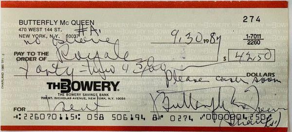 Butter McQueen Gone With the Wind American Actress Personal Check September 1987