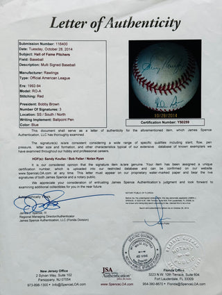 Sandy Koufax Nolan Ryan & Bob Feller Autographed American League Baseball (JSA)