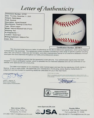 Hank Aaron Autographed Official League Baseball (JSA)