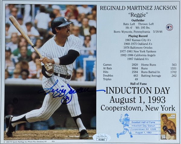 Reggie Jackson Autographed 8x10 Induction Day Stat Card (JSA)