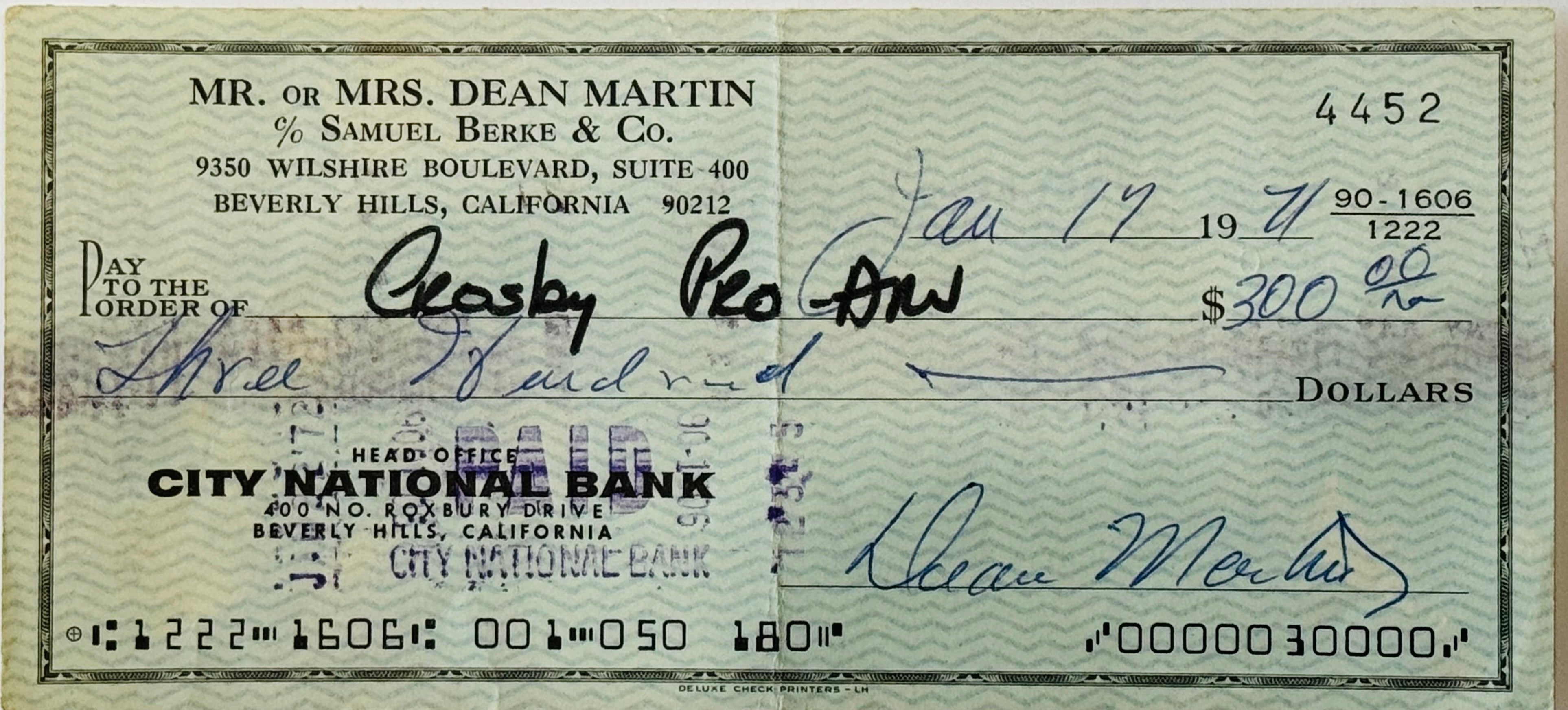 Dean Martin American Singer & Actor Signed Personal Check January 1971 ...
