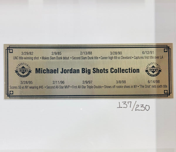 Michael Jordan Big Shots Retirement Photo With Signed Floor Piece #137/230 (UDA)