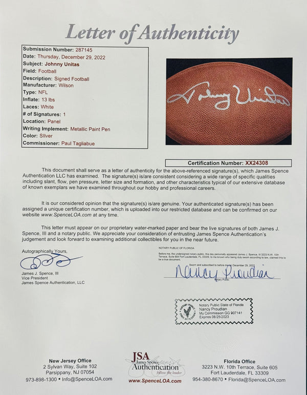 Johnny Unitas Autographed Official Wilson NFL Football (JSA)