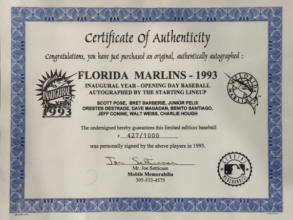 1993 Florida Marlins Autographed Opening Day Starting Lineup Baseball #427/1000