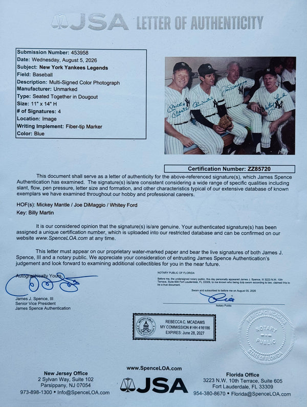Mickey Mantle Billy Martin Joe DiMaggio & Whitey Ford Signed 11x14 Framed Photo (JSA)