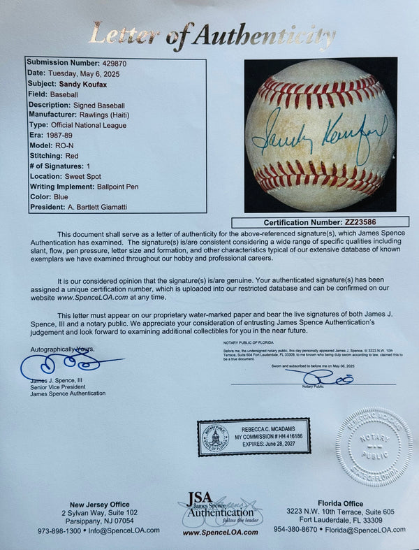Sandy Koufax Autographed Official National League Baseball (JSA)