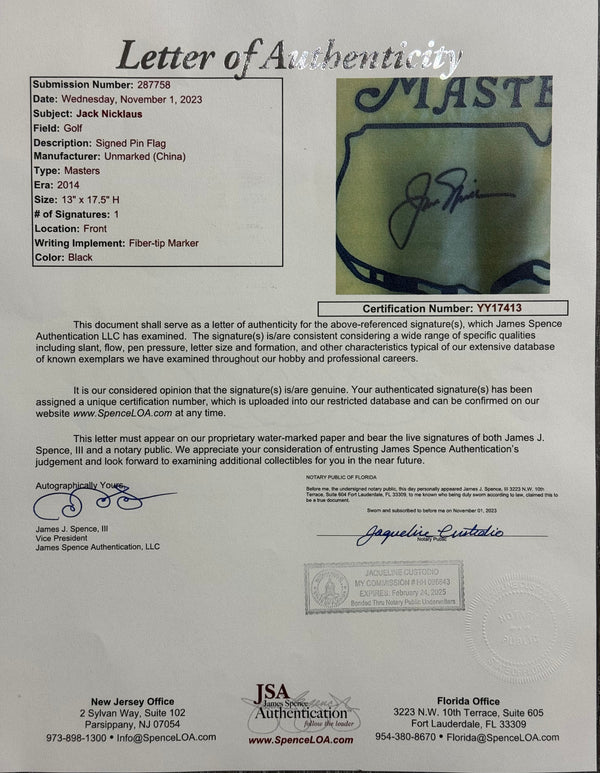 Jack Nicklaus autographed Framed 2014 Masters Flag (JSA)