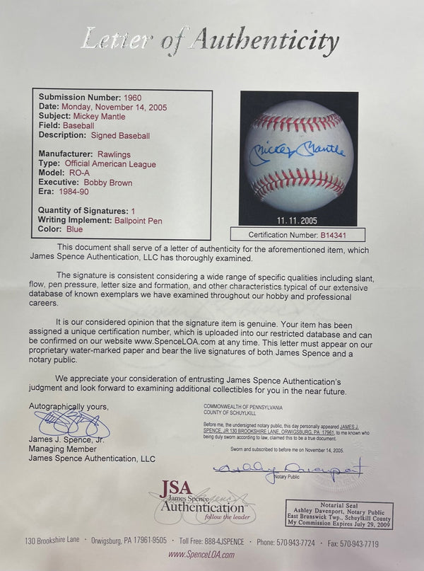 Mickey Mantle Autographed American League Baseball (JSA)