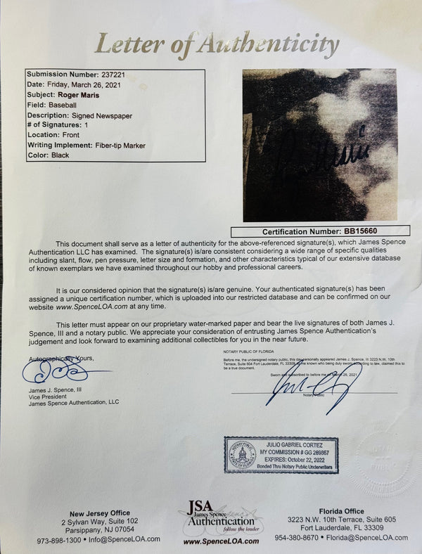 Roger Maris Autographed Framed Newspaper (JSA)