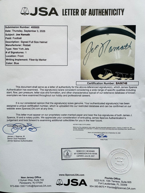 Joe Namath Autographed New York Jets Authentic Riddell Helmet (JSA)