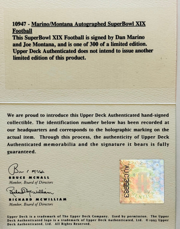 Joe Montana & Dan Marino Signed Super Bowl XIX Official Football LE/300 (Upper Deck)
