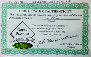 Ted Williams Signed Williams Last Home Run Framed 16x20 Photo (Green Diamond)