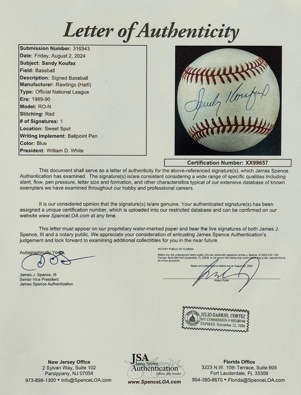 Sandy Koufax Autographed Official National League Baseball (JSA)