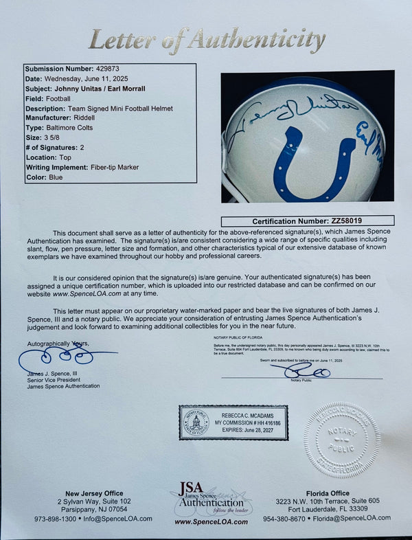 Johnny Unitas & Earl Morrall Autographed Colts Mini Helmet (JSA)