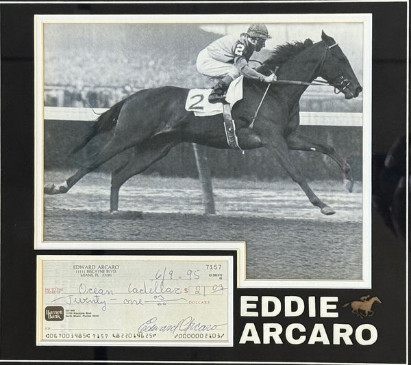 Eddie Arcaro Autographed Check Framed with unsigned 8x10 Photo