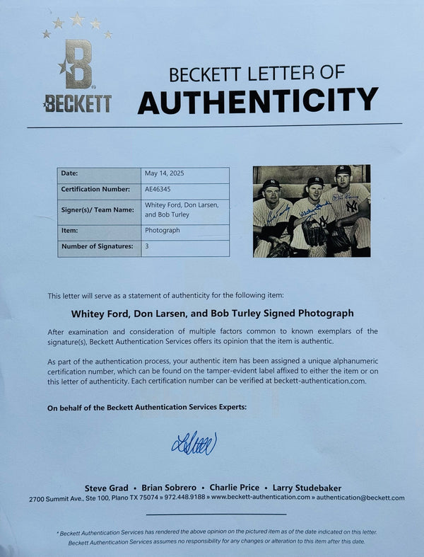 Bob Turley Whitey Ford Don Larsen Autographed 8x10 Baseball Photo (Beckett)