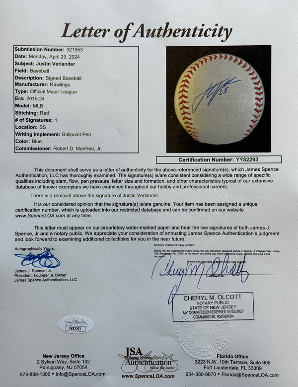 Justin Verlander Autographed Official Major League Baseball (JSA)