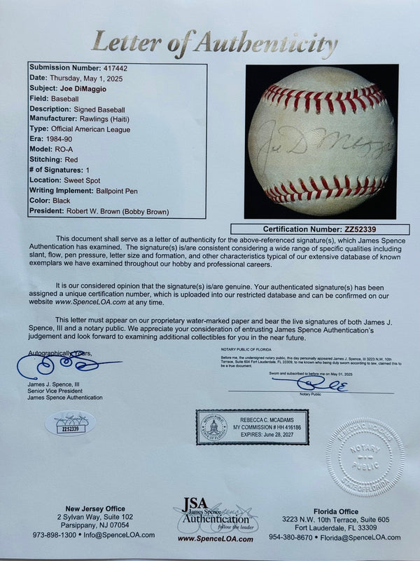 Joe DiMaggio Autographed American League Bobby Brown Baseball (JSA)