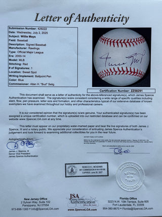 Willie Mays Autographed Official Major League Baseball (JSA)
