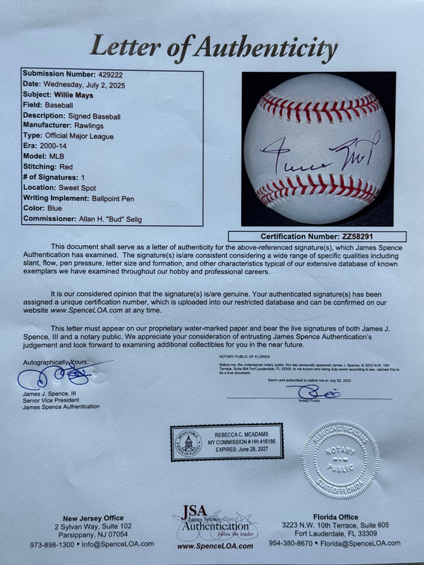 Willie Mays Autographed Official Major League Baseball (JSA)