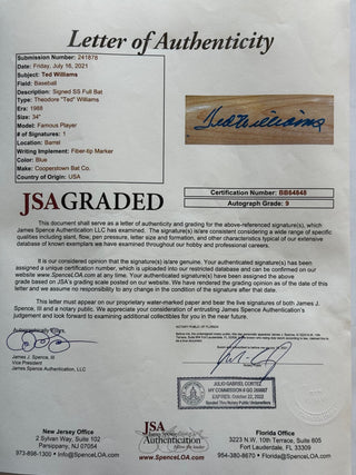 Ted Williams Autographed Cooperstown Bat (JSA Graded)