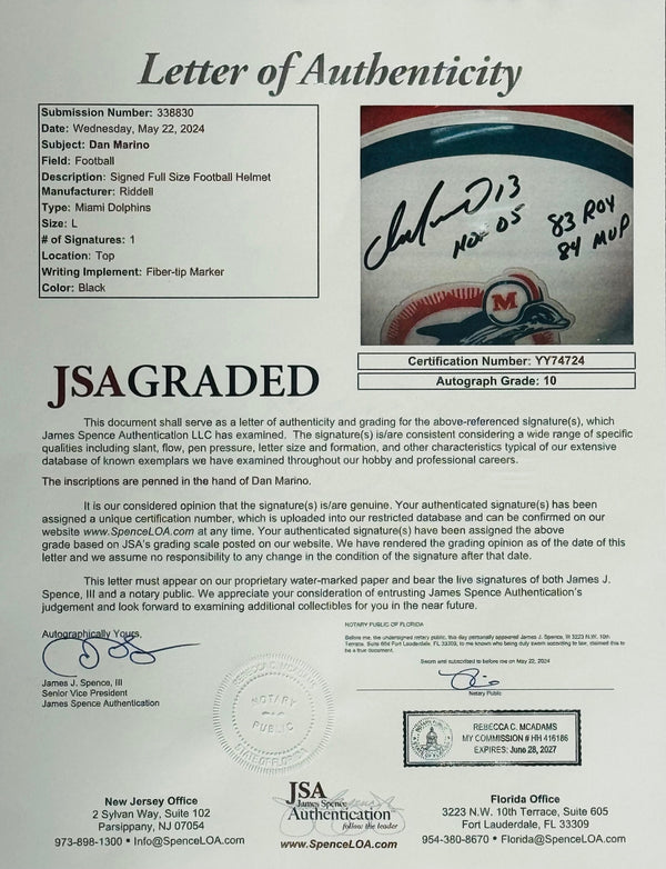 Dan Marino Signed Authentic Riddell Stat Helmet (JSA) Autograde 10