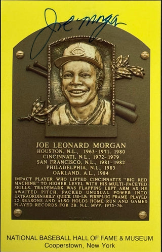Joe Morgan Autographed Baseball Hall of Fame Plaque Postcard (JSA)